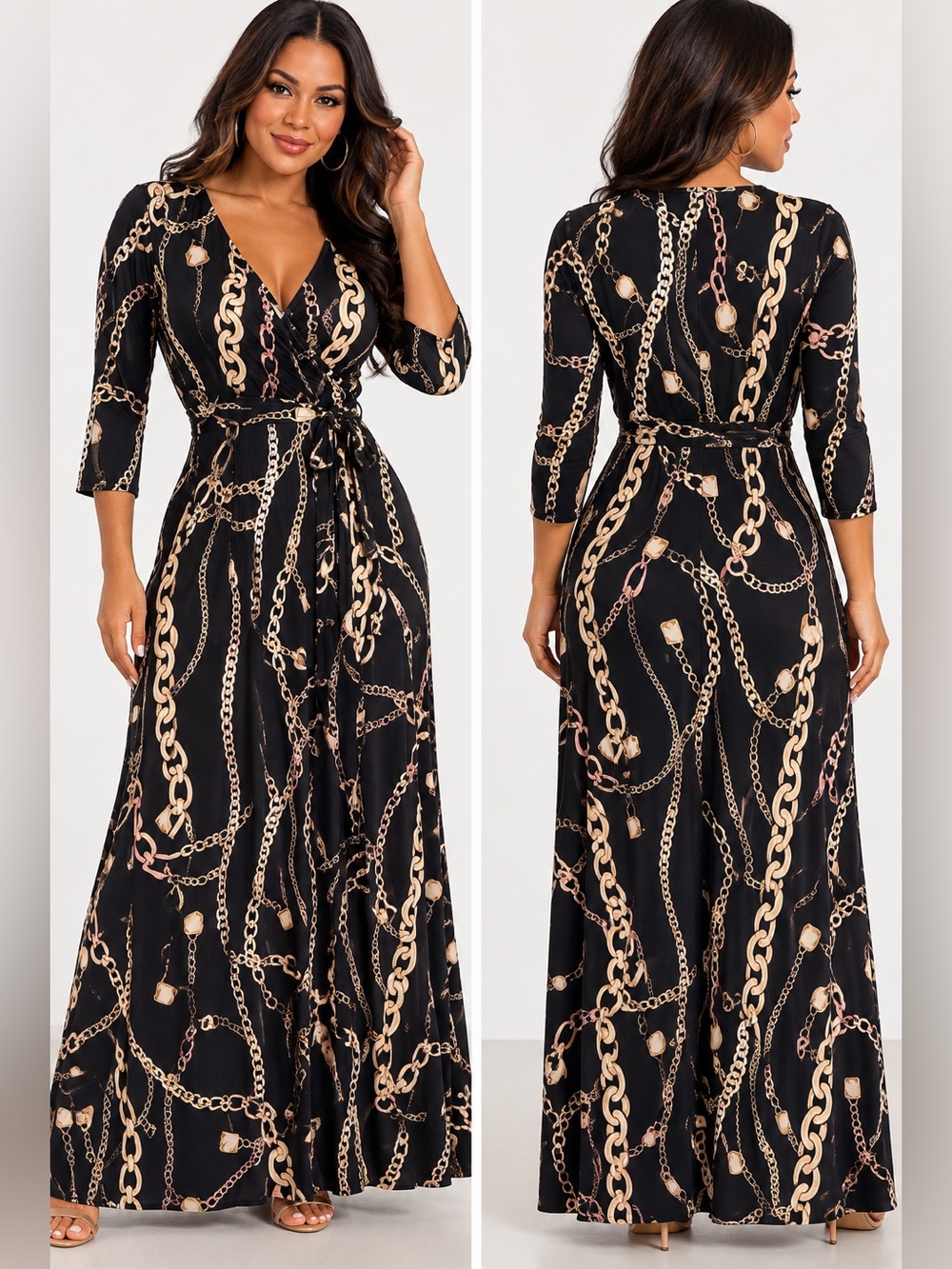 Black Chain-Print Wrap Maxi Dress - Women